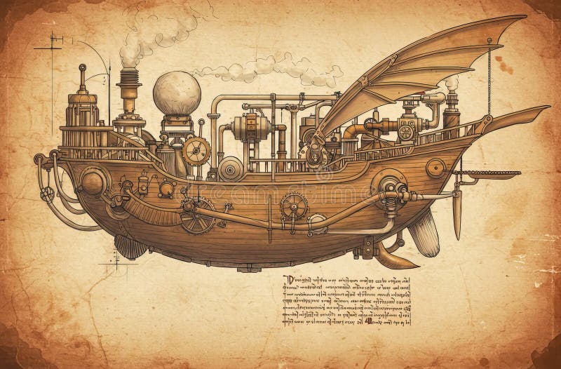 Vintage Steampunk Flying Machine Blueprint Drawing stock illustration