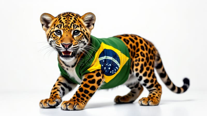 A jaguar cub is adorned in a green shirt featuring the Brazilian flag. The cub's coat is vibrant with a pattern of black rosettes on a rich orange background. It stands on a clean, white surface, eyes wide and mouth slightly open, giving a playful yet fierce expression. The shirt covers its upper body, snugly fitting the youthful feline, symbolizing a blend of wildlife and national pride. Brazilian jaguar illustrations