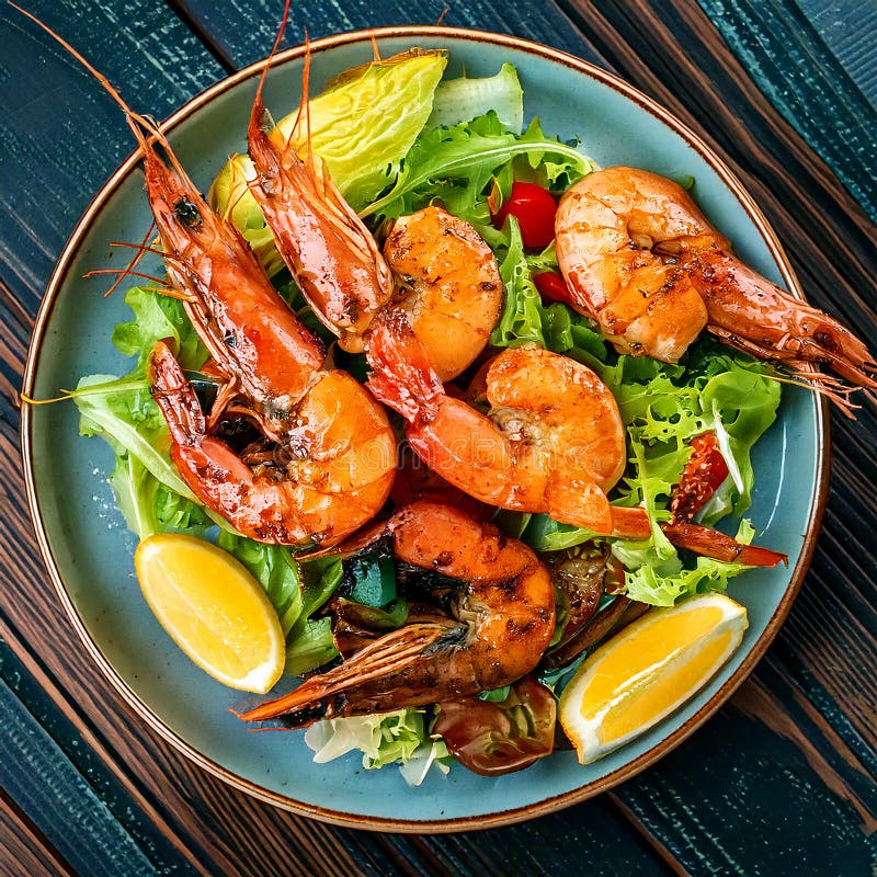 Grilled shrimp displayed on a bed of fresh green lettuce leaves. Accompanied by small, vibrant red cherry tomatoes. The shrimp have a golden-brown, slightly charred appearance, indicating they are well-cooked. The combination of colors and textures creates an appealing and appetizing presentation. Top view of fresh grilled jumbo prawns with green salad. Macro close up top view of fresh grilled king prawns with green salad. Al Generated. Fresh grilled jumbo prawns illustrations