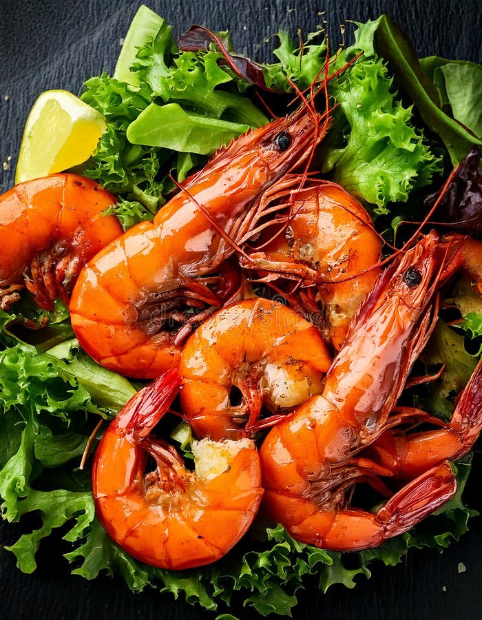 Grilled shrimp displayed on a bed of fresh green lettuce leaves. Accompanied by small, vibrant red cherry tomatoes. The shrimp have a golden-brown, slightly charred appearance, indicating they are well-cooked. The combination of colors and textures creates an appealing and appetizing presentation. Top view of fresh grilled jumbo prawns with green salad. Macro close up top view of fresh grilled king prawns with green salad. Al Generated. Fresh grilled jumbo prawns illustrations