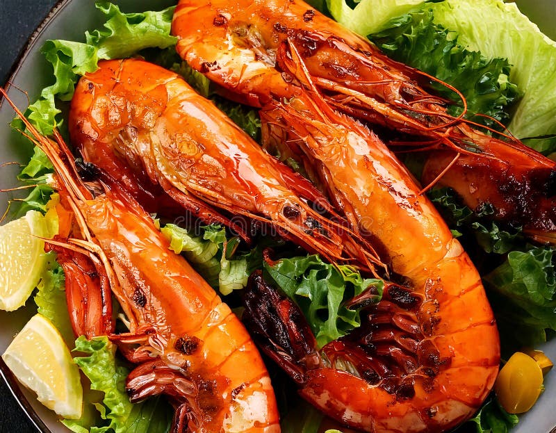 Grilled shrimp displayed on a bed of fresh green lettuce leaves. Accompanied by small, vibrant red cherry tomatoes. The shrimp have a golden-brown, slightly charred appearance, indicating they are well-cooked. The combination of colors and textures creates an appealing and appetizing presentation. Top view of fresh grilled jumbo prawns with green salad. Macro close up top view of fresh grilled king prawns with green salad. Al Generated. Fresh grilled jumbo prawns illustrations