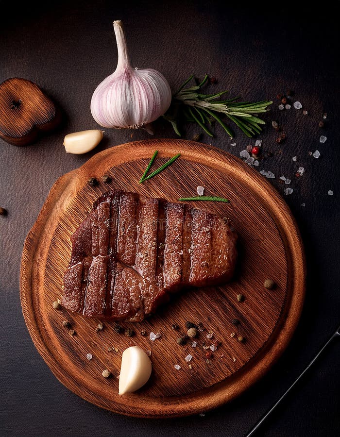 Fried steak pieces on a wooden board and garlics royalty free illustration