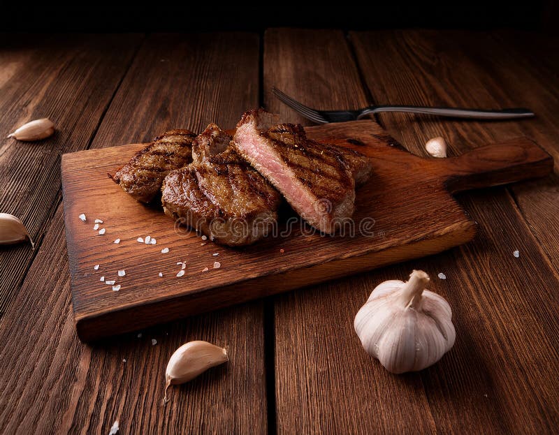 Fried steak pieces on a wooden board and garlics royalty free illustration