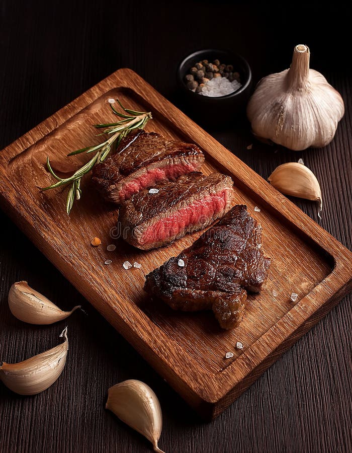 Fried steak pieces on a wooden board and garlics stock illustration