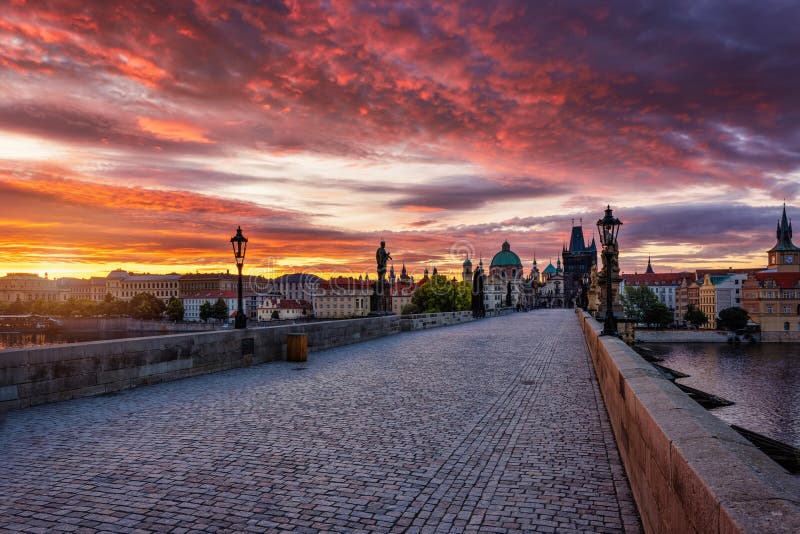 Panoramic summer sunrise view of the cityscape of Prague