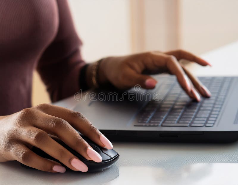 One-click management. Womans hands touching computer mouse and keys of black opened laptop royalty free illustration