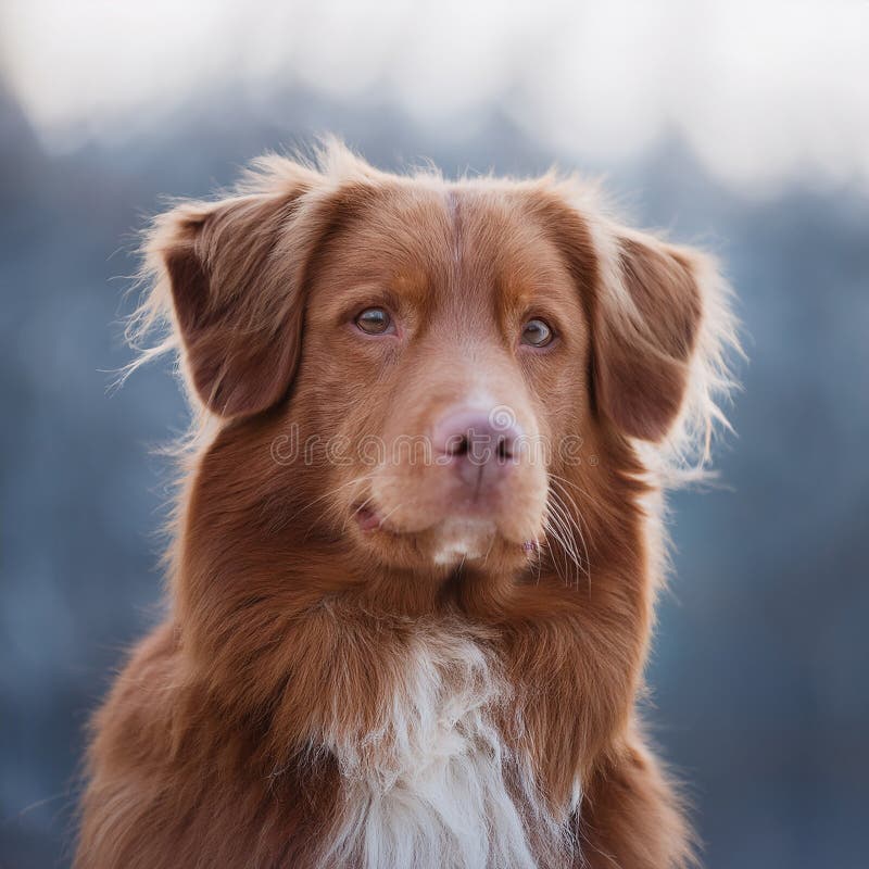 A Nova Scotia Duck Tolling Retriever lies on grassy terrain beside a serene lake. The dog s reddish-brown fur contrasts with the white fur on its chest. Behind it, a rustic wooden cabin stands on the lake, surrounded by lush green forests and distant, hazy mountains. The sky is overcast, creating a peaceful, natural atmosphere. Nova Scotia Duck-Tolling Retriever. Al Generated