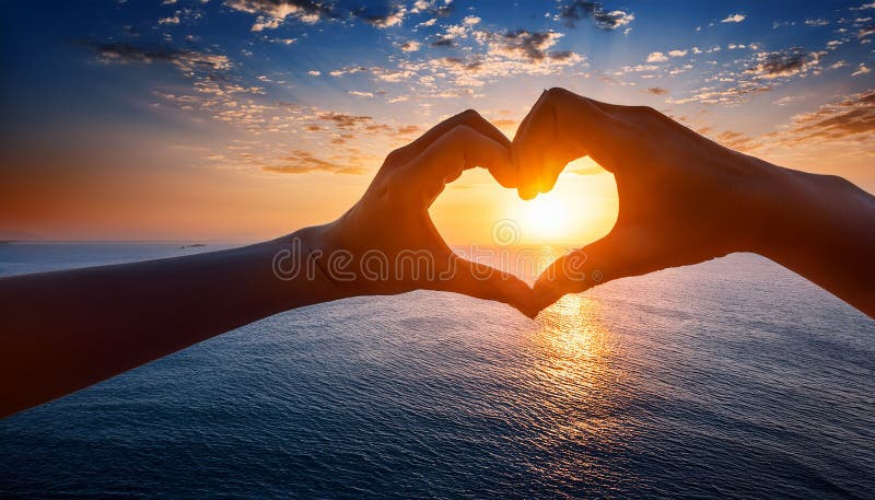 Sunset in heart hands - on sea stock illustration