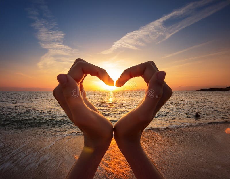 Sunset in heart hands - on sea royalty free illustration