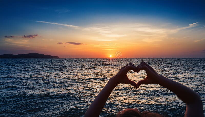 Sunset in heart hands - on sea vector illustration