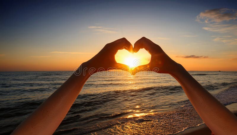 Sunset in heart hands - on sea vector illustration