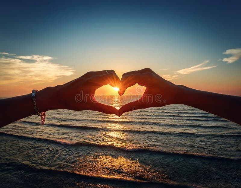 Sunset in heart hands - on sea stock illustration