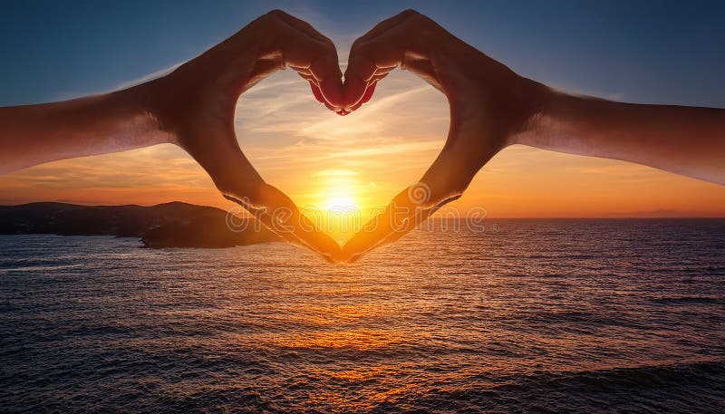 Sunset in heart hands - on sea stock illustration