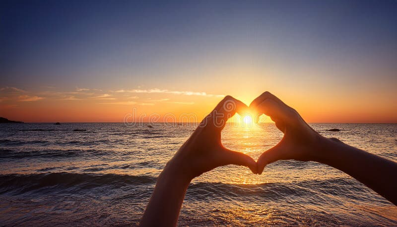Sunset in heart hands - on sea stock illustration