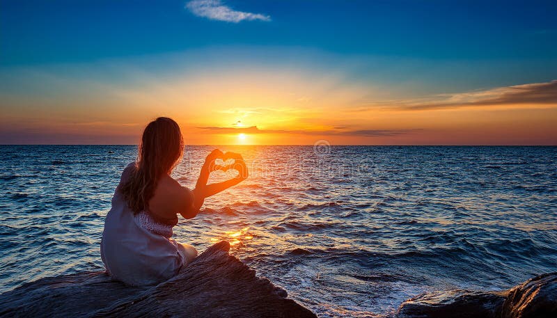 Sunset in heart hands - on sea vector illustration