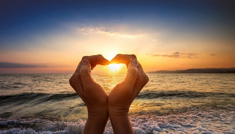 Sunset in heart hands - on sea vector illustration