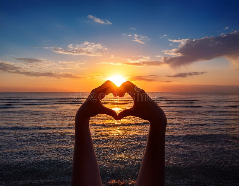 Sunset in heart hands - on sea stock illustration