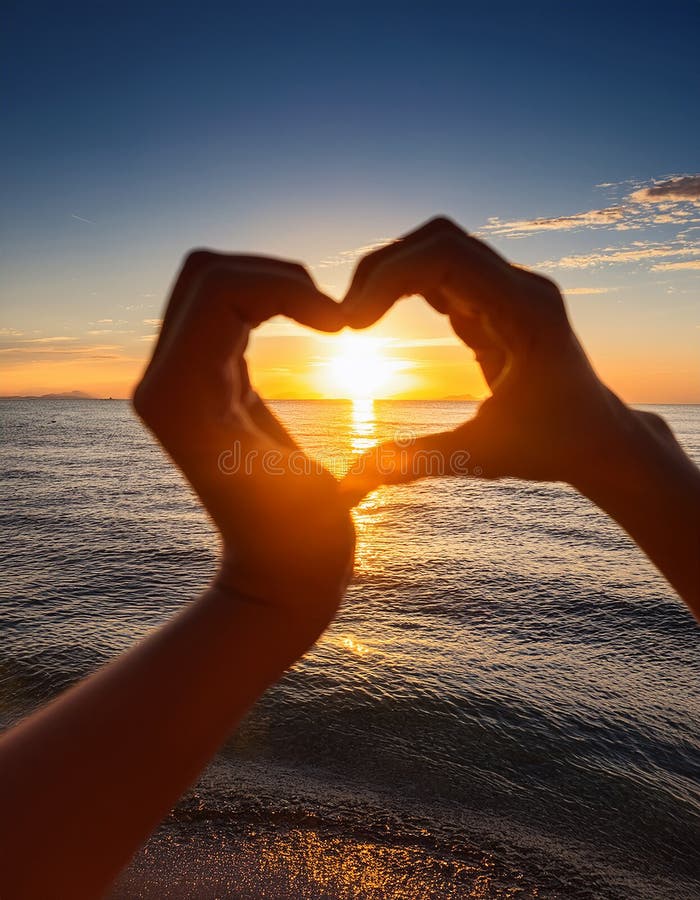 Sunset in heart hands - on sea vector illustration