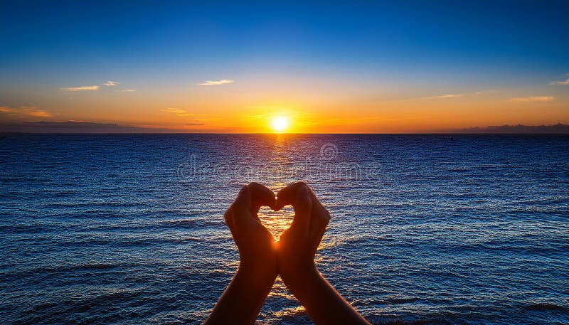 Sunset in heart hands - on sea stock illustration