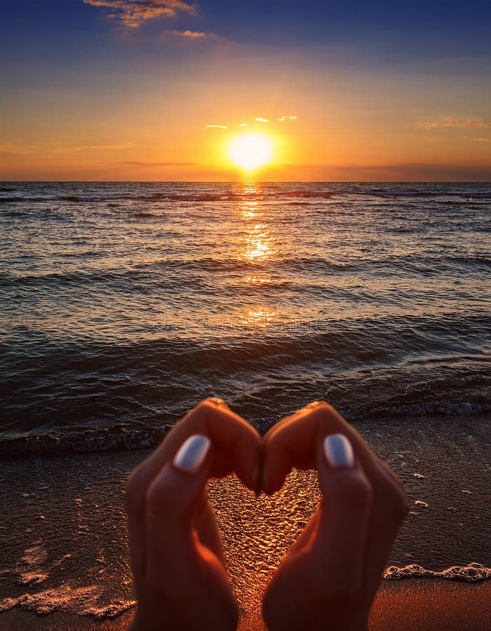 Sunset in heart hands - on sea stock illustration