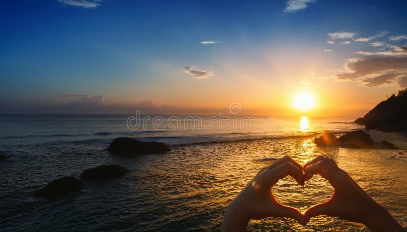 Sunset in heart hands - on sea royalty free illustration