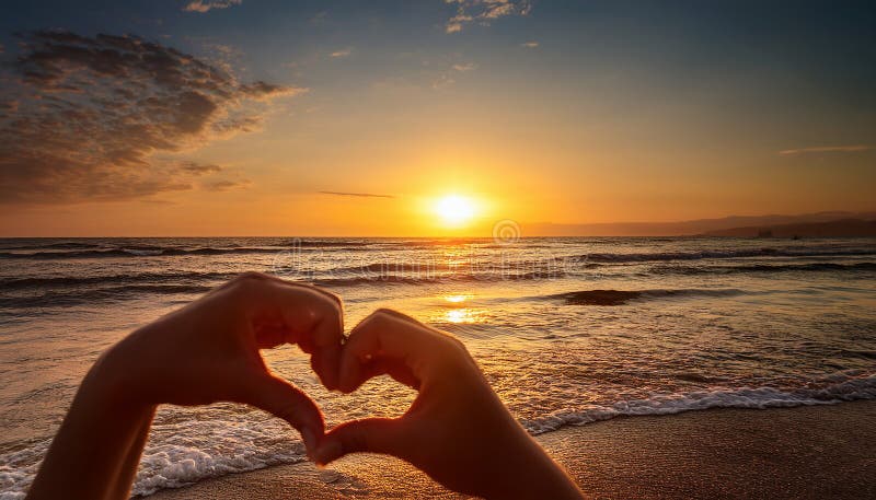 Sunset in heart hands - on sea stock illustration