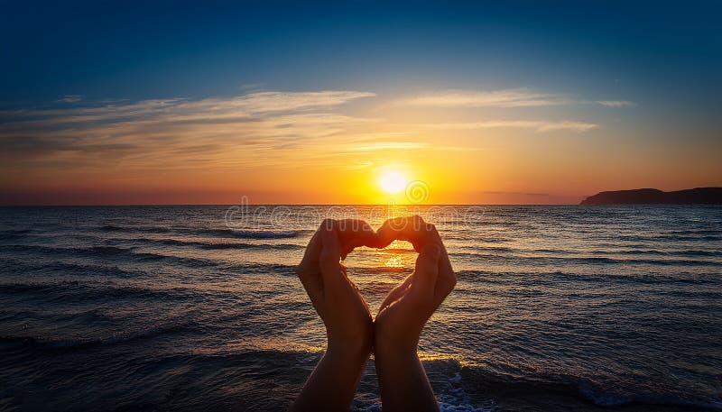 Sunset in heart hands - on sea vector illustration