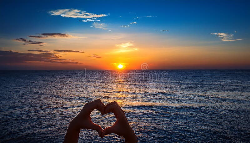 Sunset in heart hands - on sea vector illustration