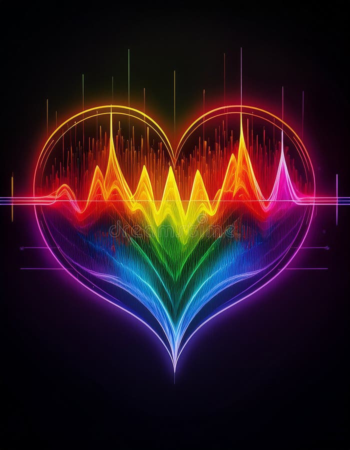 A rainbow colored heart on a black background. A vibrant, colorful heartbeat graphic stock illustration