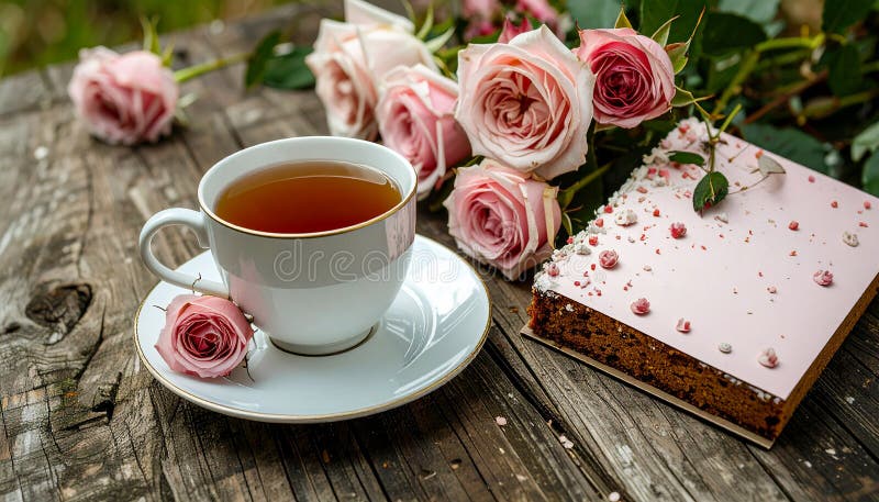 Cup of tea and roses. Closeup of cup of tea with cake and roses. Al Generated. Candy flower cup illustrations