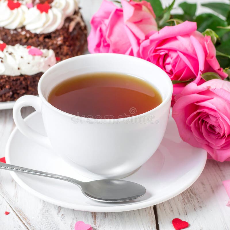 Cup of tea and roses. Closeup of cup of tea with cake and roses. Al Generated. Candy flower cup illustrations