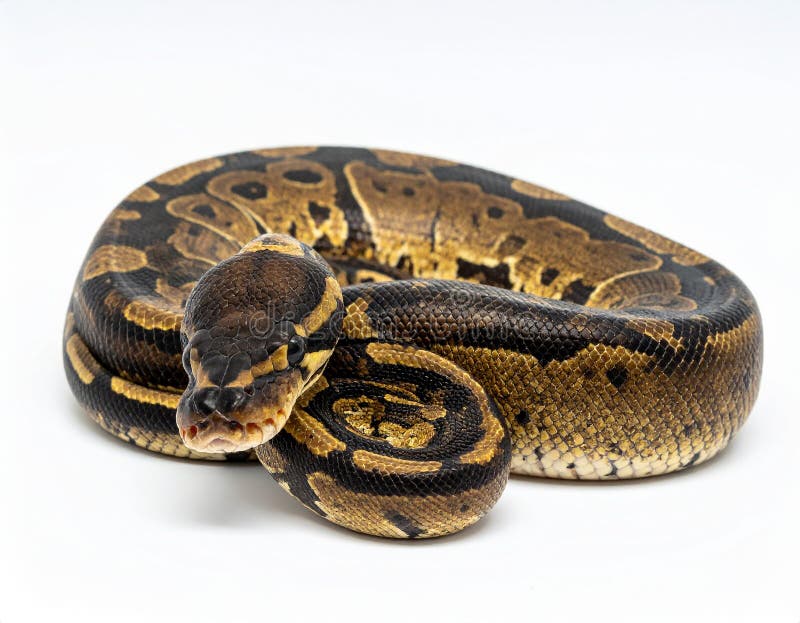 Closeup of a african coiled royal or ball python snake on a white background stock illustration