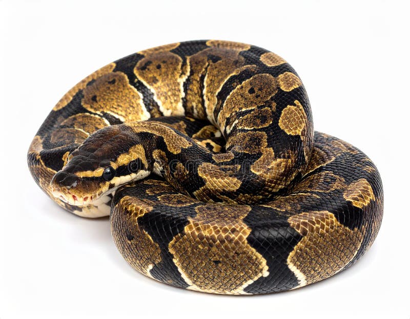 Closeup of a african coiled royal or ball python snake on a white background stock illustration