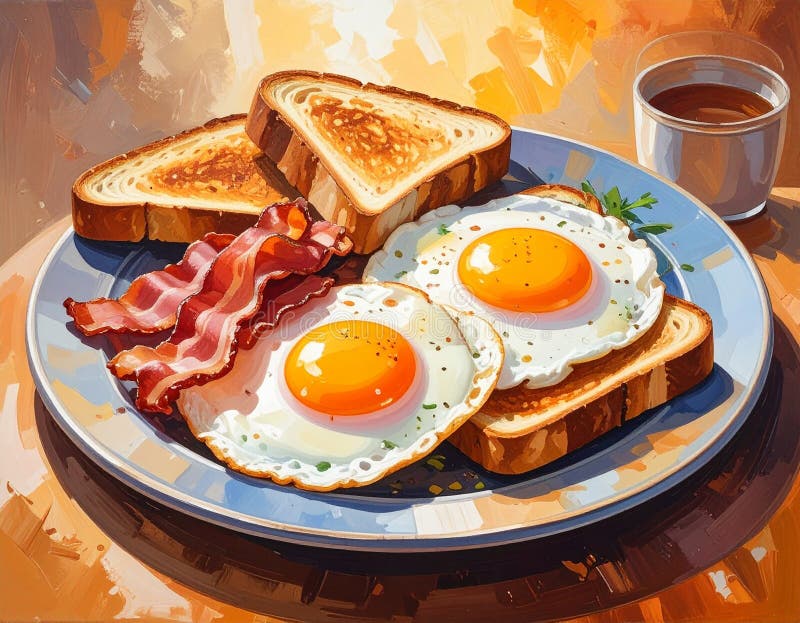 Generated image Vintage Breakfast Set – Toast and Sunny Egg – Oil Painting. Sunny street scene in a European setting with a cozy outdoor café. Two golden croissants rest on white plates atop a rustic wooden table. Beside them, a cup of coffee with frothy milk art sits in a white saucer. The background showcases blooming trees and vintage buildings bathed in warm sunlight, with a few blurred pedestrians and additional tables adorned with flowers. The scene exudes a tranquil, inviting ambiance perfect for a leisurely breakfast.