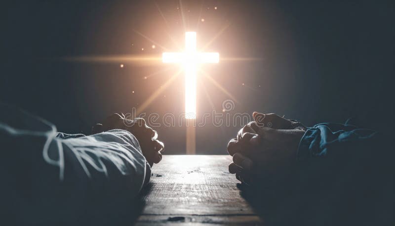 Redemption. Shining cross of Christ saving sinnes from the darkness. Concept of salvation vector illustration