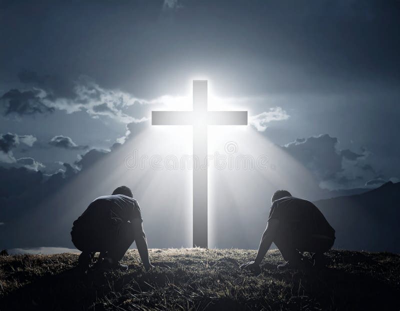 Redemption. Shining cross of Christ saving sinnes from the darkness. Concept of salvation stock illustration