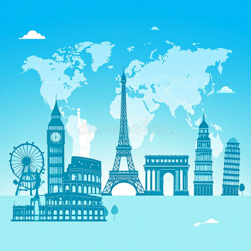 A colorful digital artwork features silhouettes of iconic global landmarks against a vibrant gradient background. Notable structures include the Eiffel Tower, Big Ben, Taj Mahal, Colosseum, and a stylized world map in the backdrop. Birds fly across the scene, enhancing the sense of global interconnectedness. The landmarks are reflected below, adding symmetry and depth. This composition celebrates cultural diversity and worldwide architecture in a visually striking manner. World landmarks background. Vector illustration with travel landmarks. including silhouettes. Al Generated