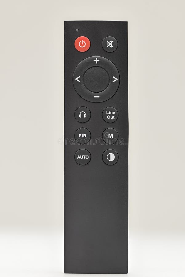 Minimalist Black Remote Control for Audio System with Navigation and Sound Output Buttons on Neutral Background stock photography