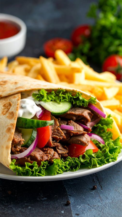 Turkish Doner Kebab. Turkish traditional food doner kebab with french fries and salad vector illustration