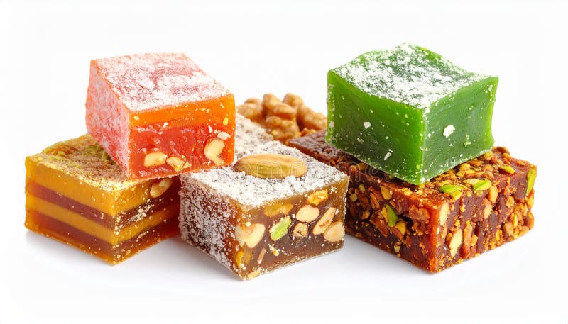 Assorted Turkish Delight bars(Sugar coated soft candy) isolated on white vector illustration
