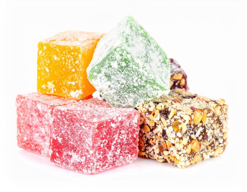 Assorted Turkish Delight bars(Sugar coated soft candy) isolated on white stock illustration