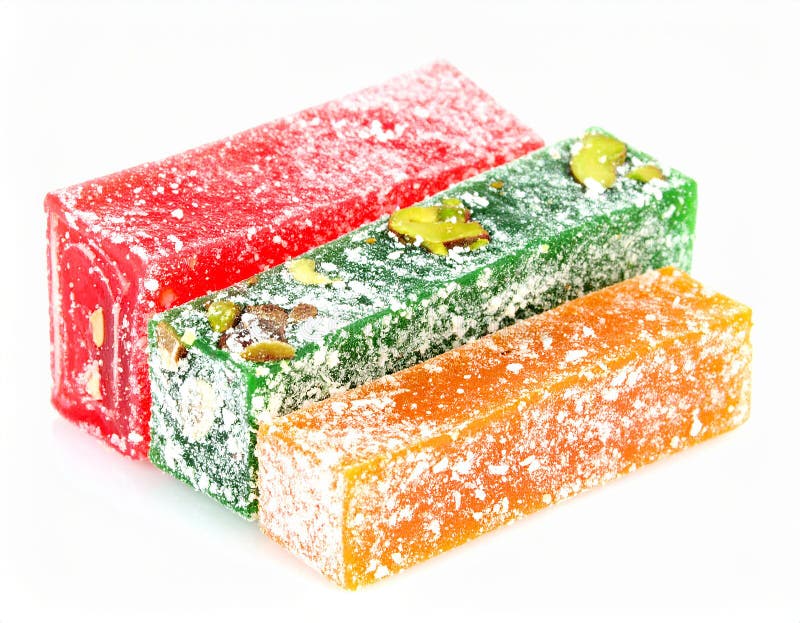 Assorted Turkish Delight bars(Sugar coated soft candy) isolated on white stock illustration