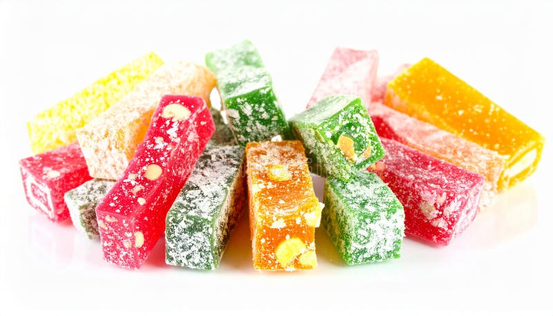 Assorted Turkish Delight bars(Sugar coated soft candy) isolated on white stock illustration