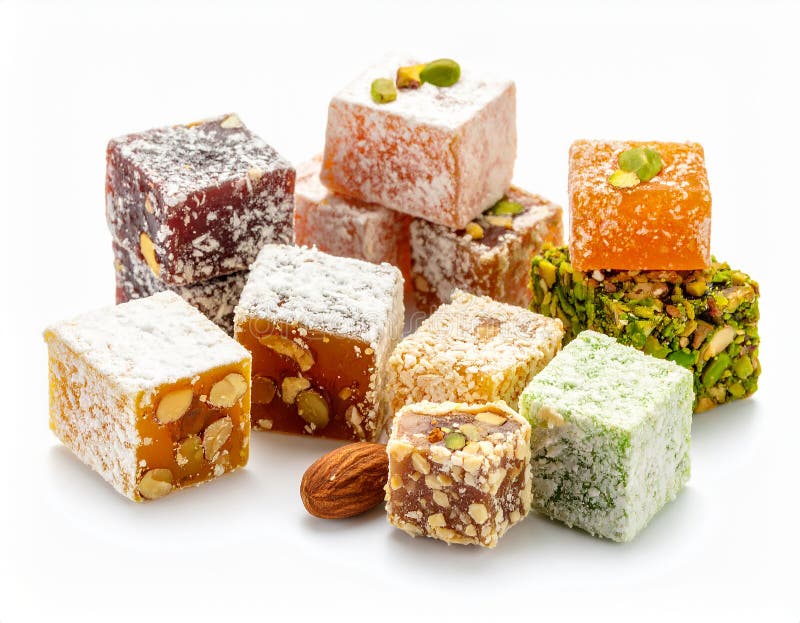 Assorted Turkish Delight bars(Sugar coated soft candy) isolated on white stock illustration
