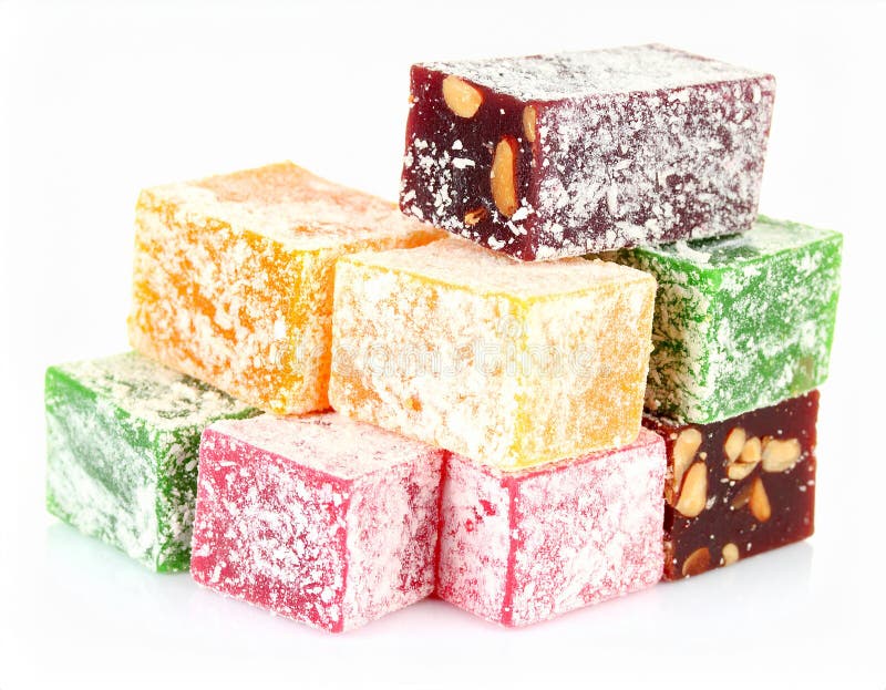 Assorted Turkish Delight bars(Sugar coated soft candy) isolated on white stock illustration