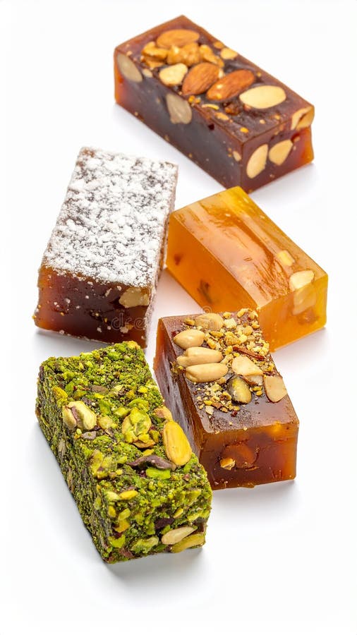 Assorted Turkish Delight bars(Sugar coated soft candy) isolated on white stock illustration