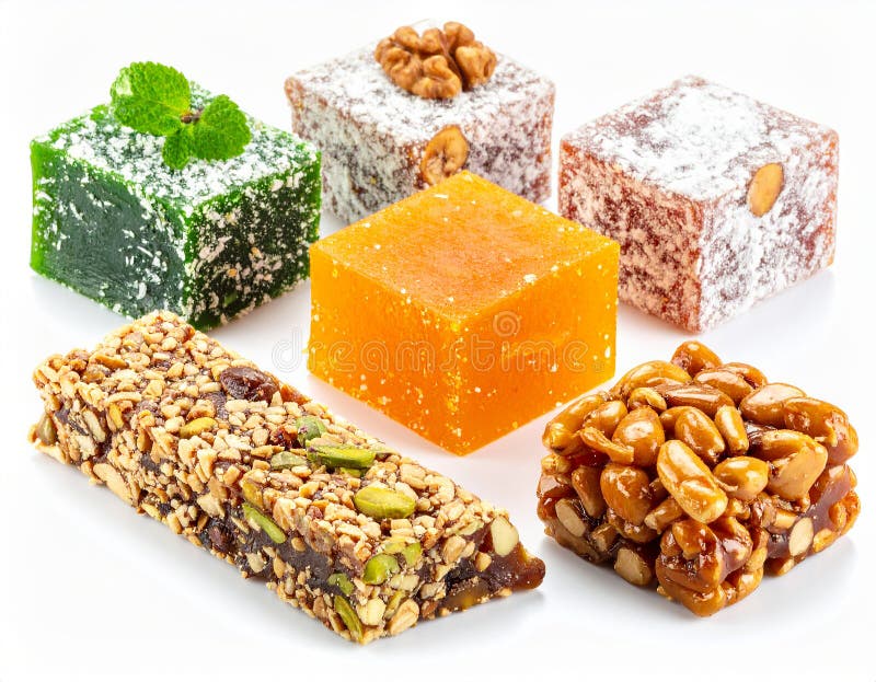 Assorted Turkish Delight bars(Sugar coated soft candy) isolated on white vector illustration