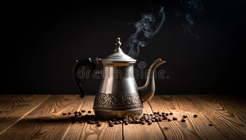 Old coffee pot with smoke in the darkness vector illustration