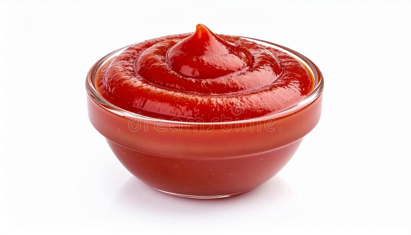 Tasty ketchup in glass bowl isolated on white. Tomato sauce vector illustration