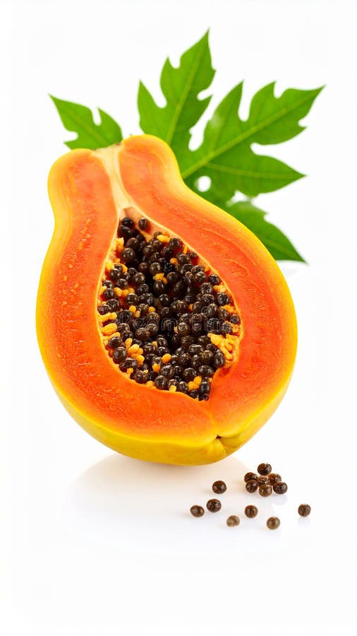 A ripe papaya (Carica papaya) is halved to reveal its vibrant orange flesh and numerous small, round black seeds clustered in the center. The exterior is a warm yellowish-orange, indicative of ripeness. The overall composition highlights the contrast between the juicy, soft interior and the dense, seed-packed center. The slice in front stands slightly apart, emphasizing the fleshy, orange pulp that is typical of ripe papayas, known for their sweet taste and nutritional benefits. Papaya fruit (Carica papaya) in isolated white background, (papaya on white background. Al Generated. Carica papaya illustrations